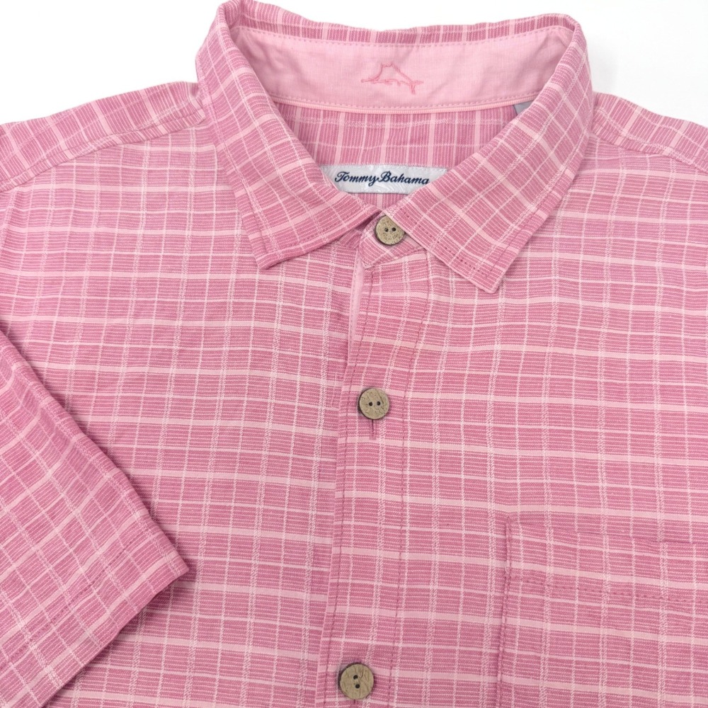Tommy Bahama Mens Large Pink Grid Short Sleeve Button Down Shirt Silk Blend